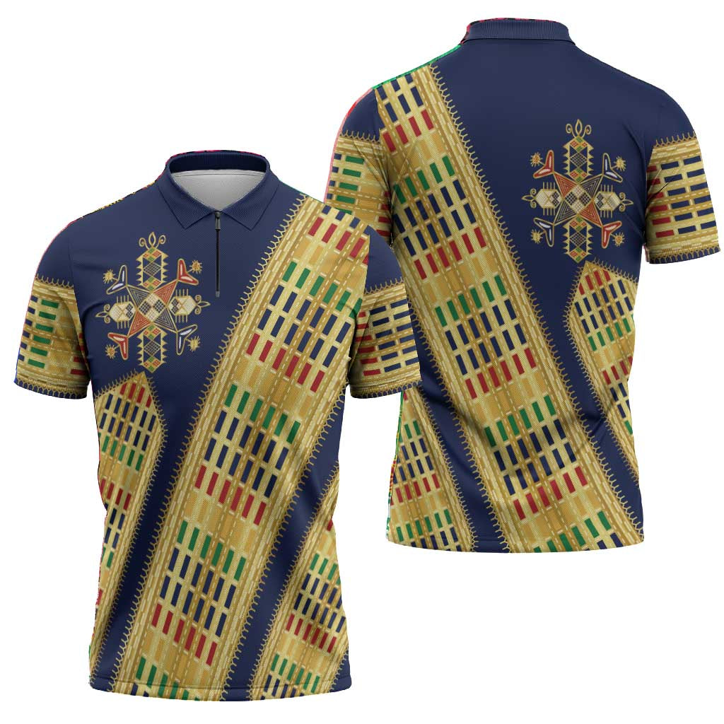 Habesha Kemis Inspired Tilet Pattern Zipper Polo Shirt Royal Blue - Gold