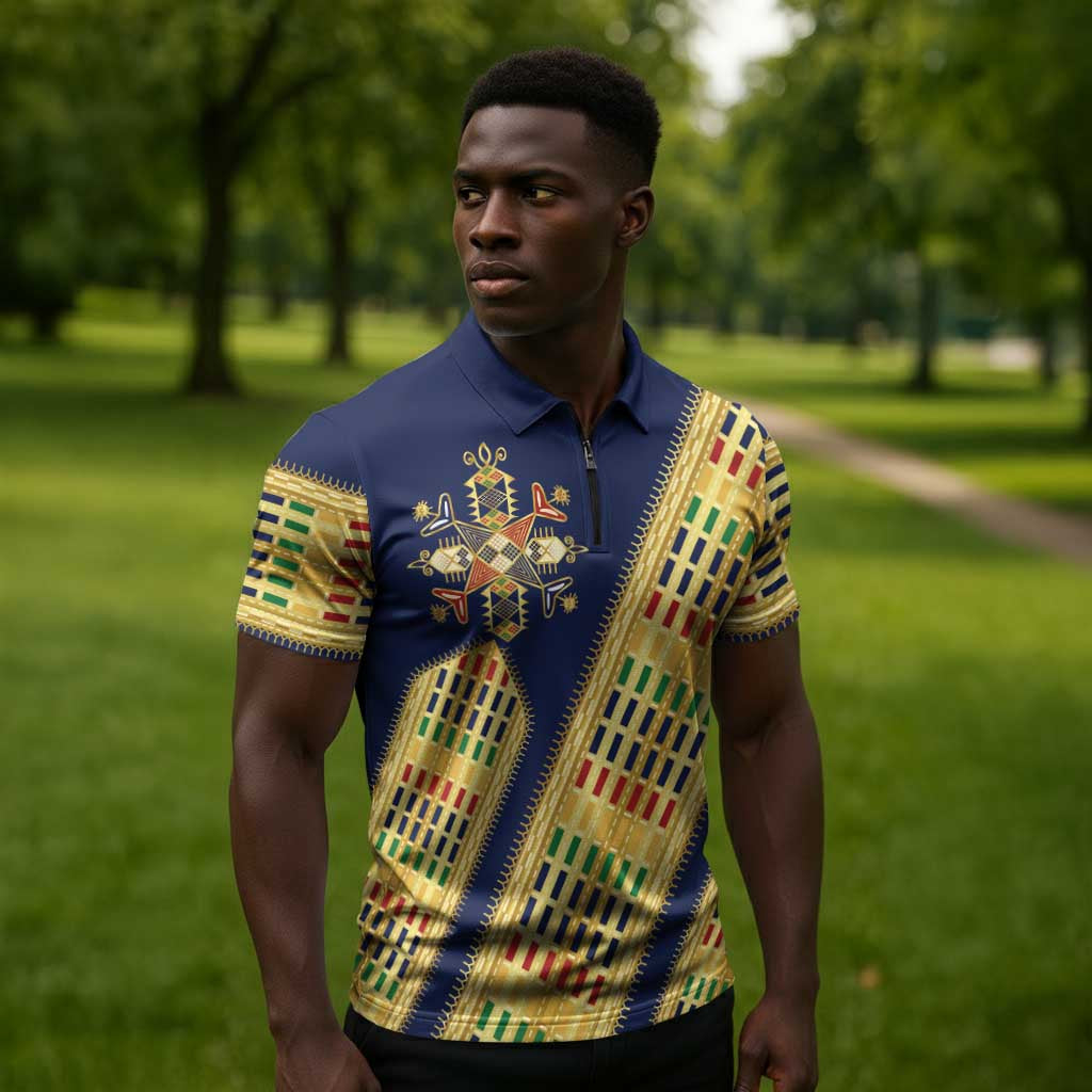 Habesha Kemis Inspired Tilet Pattern Zipper Polo Shirt Royal Blue - Gold