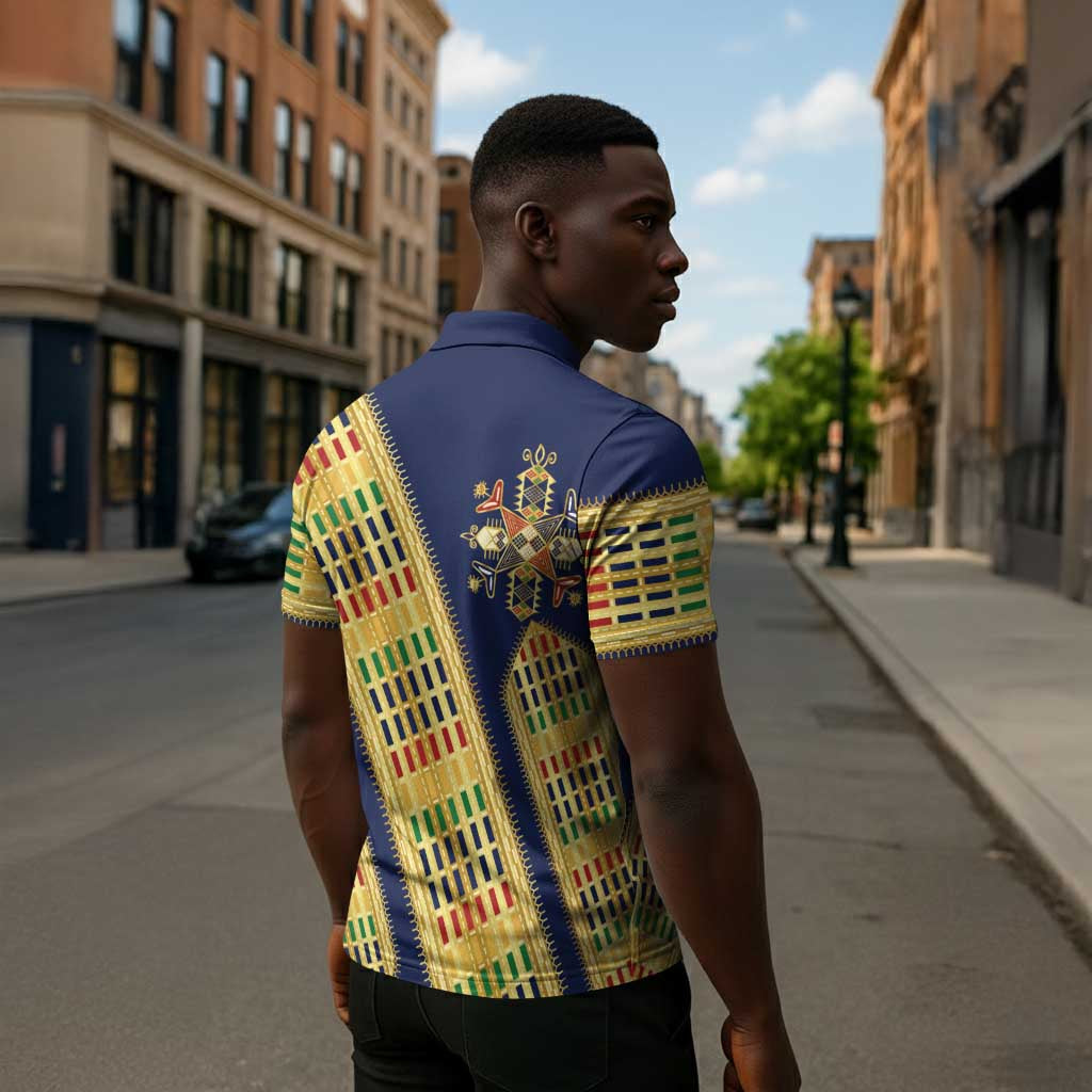 Habesha Kemis Inspired Tilet Pattern Zipper Polo Shirt Royal Blue - Gold