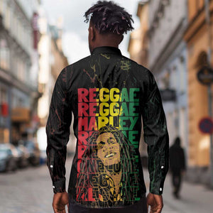 Reggae King Marley Long Sleeve Button Shirt Typeset Grunge Style