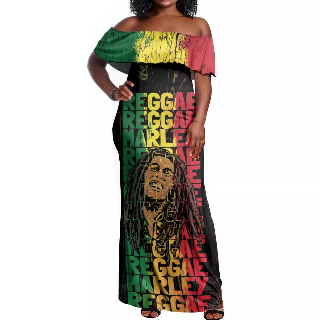 Reggae King Marley Off Shoulder Maxi Dress Typeset Grunge Style