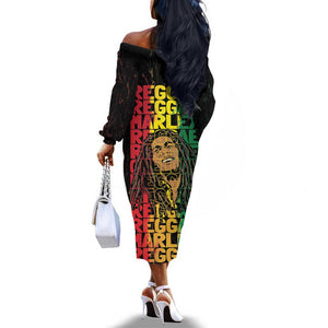 Reggae King Marley Off The Shoulder Long Sleeve Dress Typeset Grunge Style