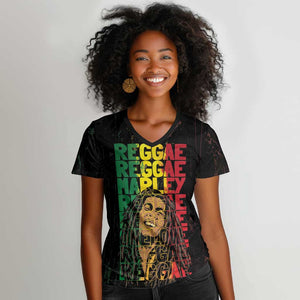 Reggae King Marley Women V-Neck T-Shirt Typeset Grunge Style