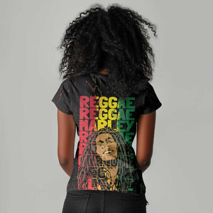 Reggae King Marley Women V-Neck T-Shirt Typeset Grunge Style