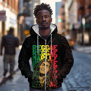 Reggae King Marley Zip Hoodie Typeset Grunge Style