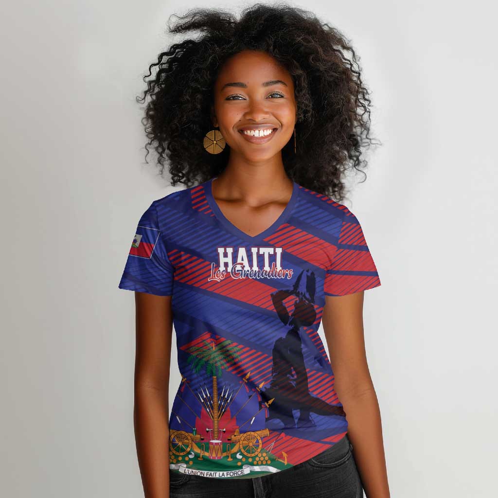 Afro-Haiti Football Personalized Les Grenadiers Women V-Neck T-Shirt Echoes of History LT7