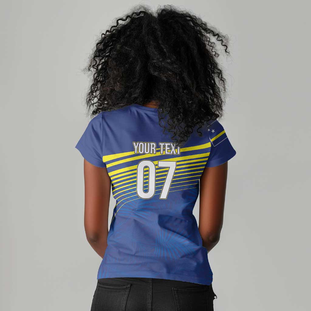 Afro-Curacao Football Custom Women V-Neck T-Shirt Korsou Blue Wave - Making History LT7