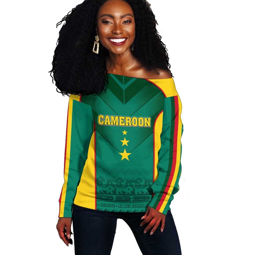 Custom Cameroon Football Off Shoulder Sweater Nations Cup 2024 Les Lions Indomptables