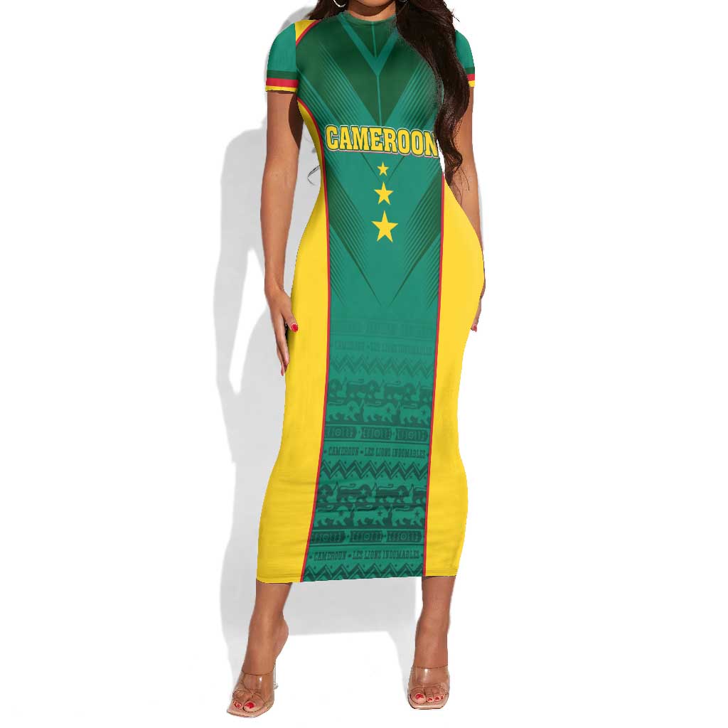 Custom Cameroon Football Short Sleeve Bodycon Dress Nations Cup 2024 Les Lions Indomptables