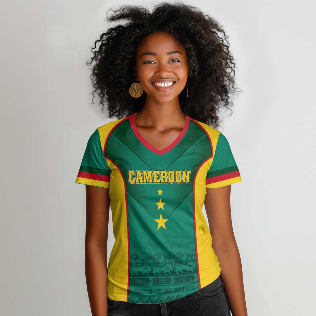 Custom Cameroon Football Women V-Neck T-Shirt Nations Cup 2024 Les Lions Indomptables