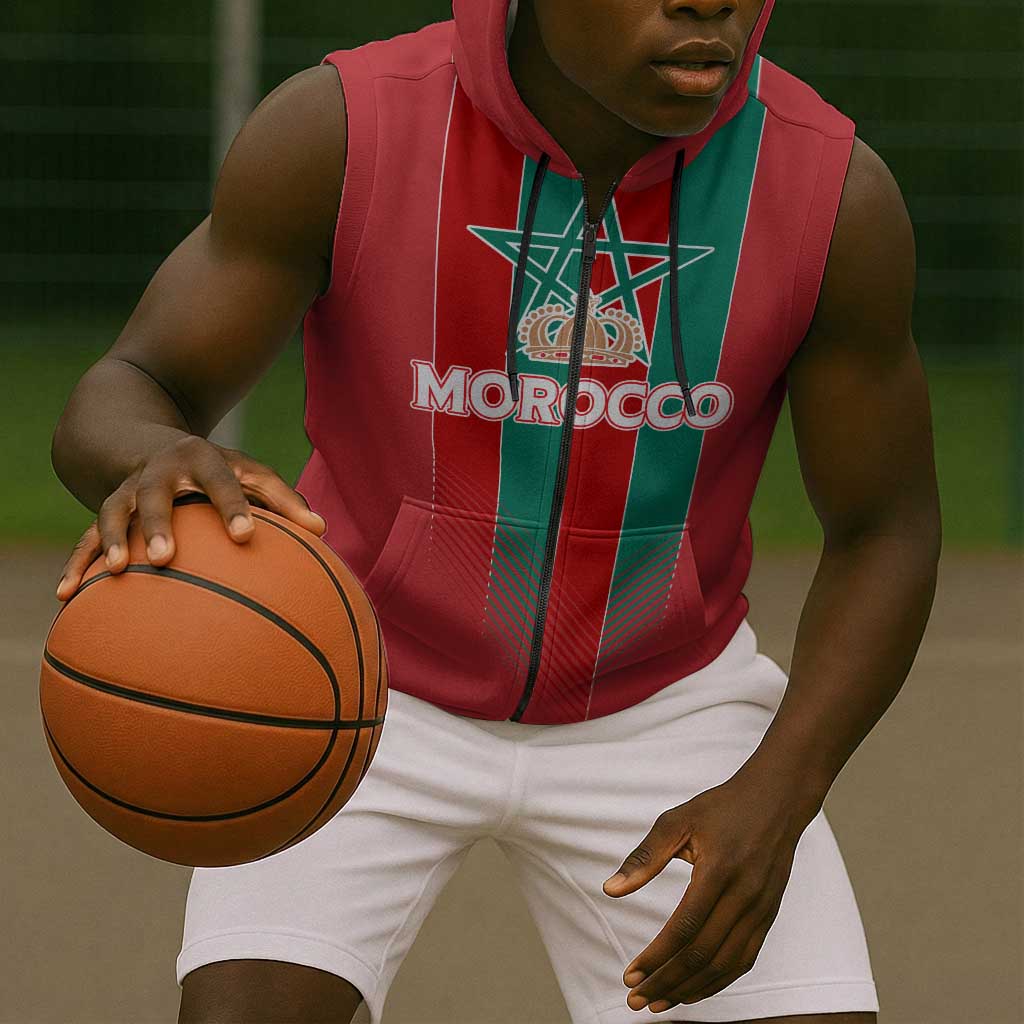 Custom Morocco Football Sleeveless Zip Hoodie Nations Cup 2024 Atlas Lions - African Pride