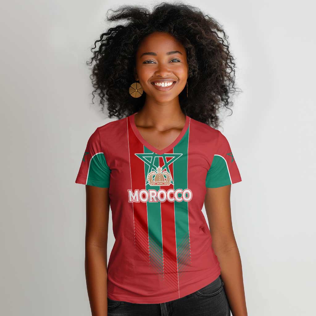 Custom Morocco Football Women V-Neck T-Shirt Nations Cup 2024 Atlas Lions