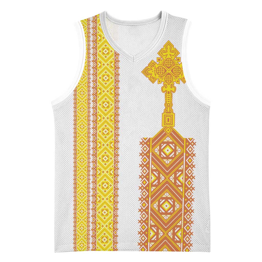 Habesha Motifs Ethiopia Basketball Jersey Tilet White Gold LT7