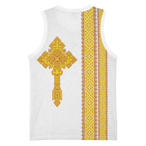 Habesha Motifs Ethiopia Basketball Jersey Tilet White Gold LT7