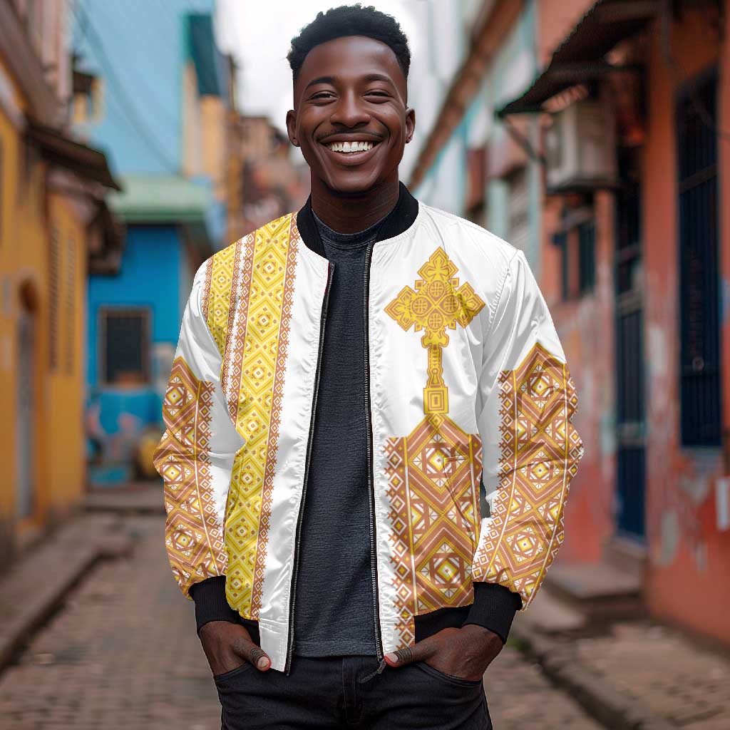 Habesha Motifs Ethiopia Bomber Jacket Tilet White Gold