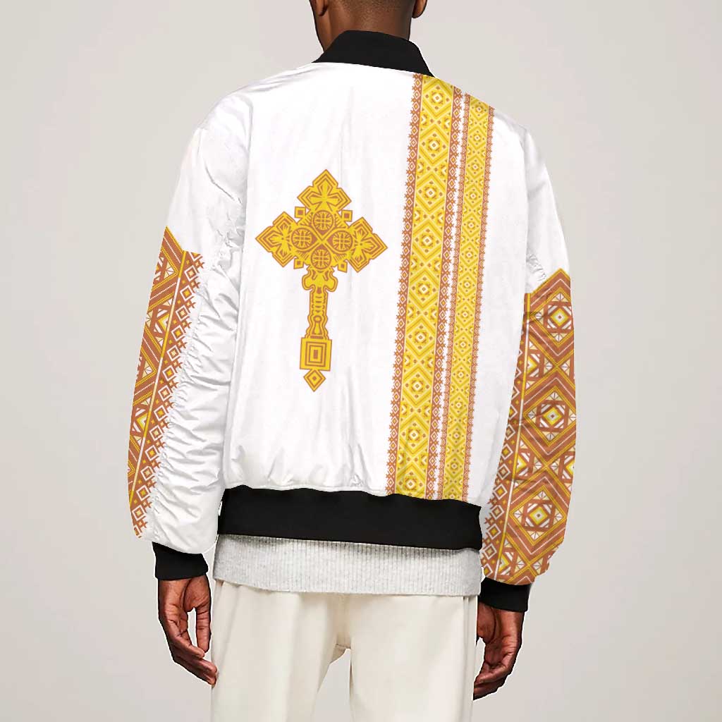 Habesha Motifs Ethiopia Bomber Jacket Tilet White Gold