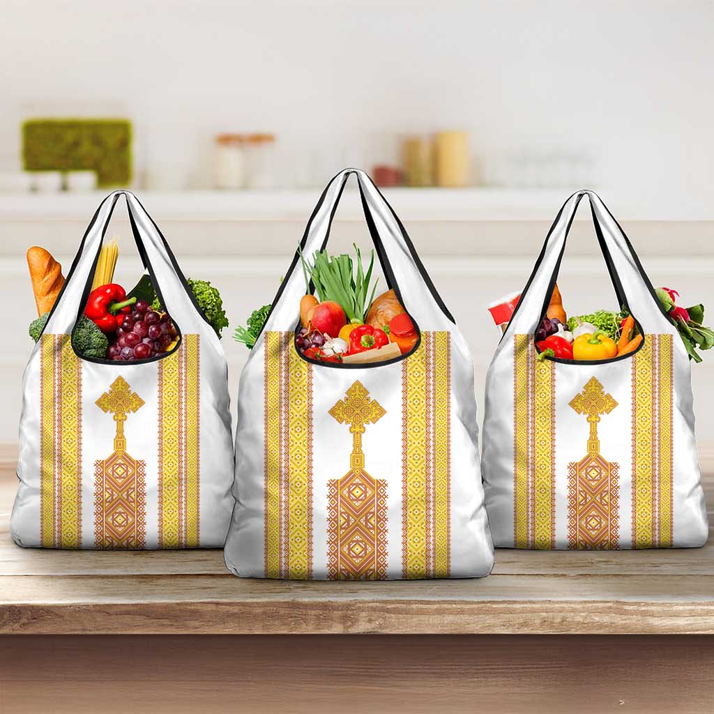 Habesha Motifs Ethiopia Grocery Bag Tilet White Gold