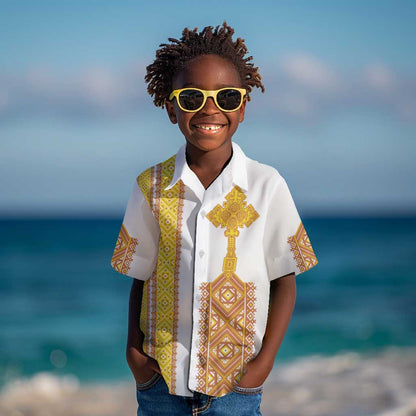 Habesha Motifs Ethiopia Kid Hawaiian Shirt Tilet White Gold
