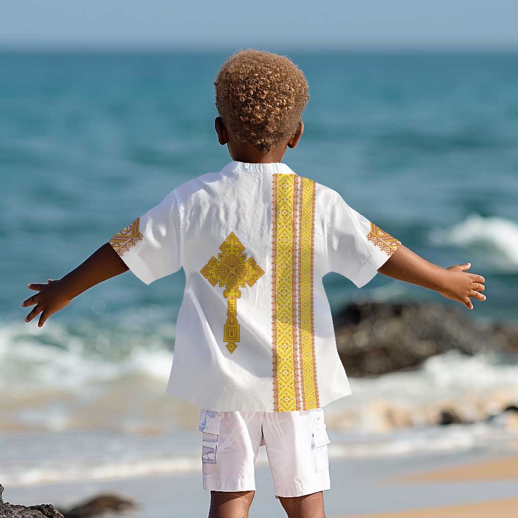 Habesha Motifs Ethiopia Kid Hawaiian Shirt Tilet White Gold