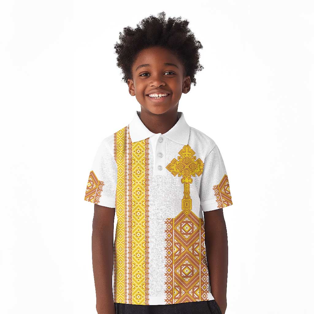 Habesha Motifs Ethiopia Kid Polo Shirt Tilet White Gold