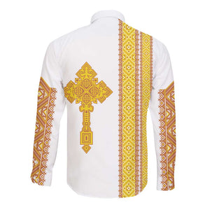 Habesha Motifs Ethiopia Long Sleeve Button Shirt Tilet White Gold