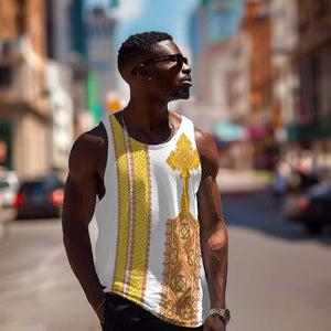 Habesha Motifs Ethiopia Men Tank Top Tilet White Gold