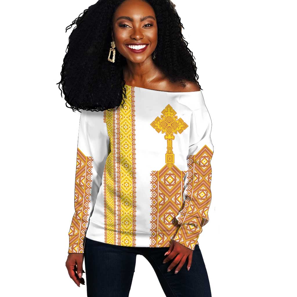 Habesha Motifs Ethiopia Off Shoulder Sweater Tilet White Gold