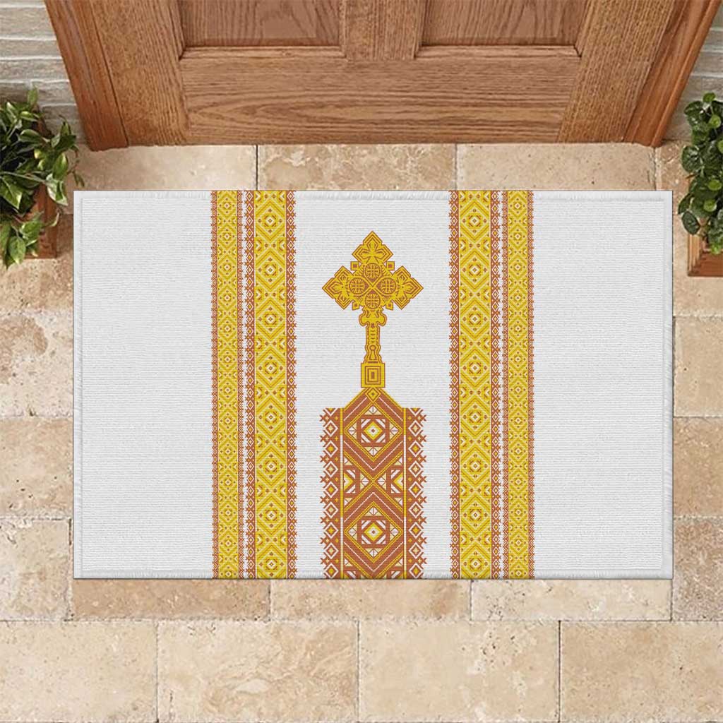 Habesha Motifs Ethiopia Rubber Doormat Tilet White Gold