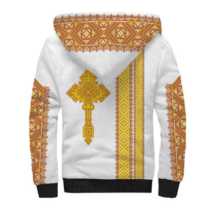 Habesha Motifs Ethiopia Sherpa Hoodie Tilet White Gold