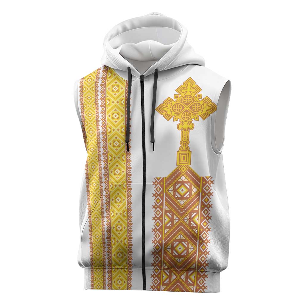 Habesha Motifs Ethiopia Sleeveless Zip Hoodie Tilet White Gold - African Pride