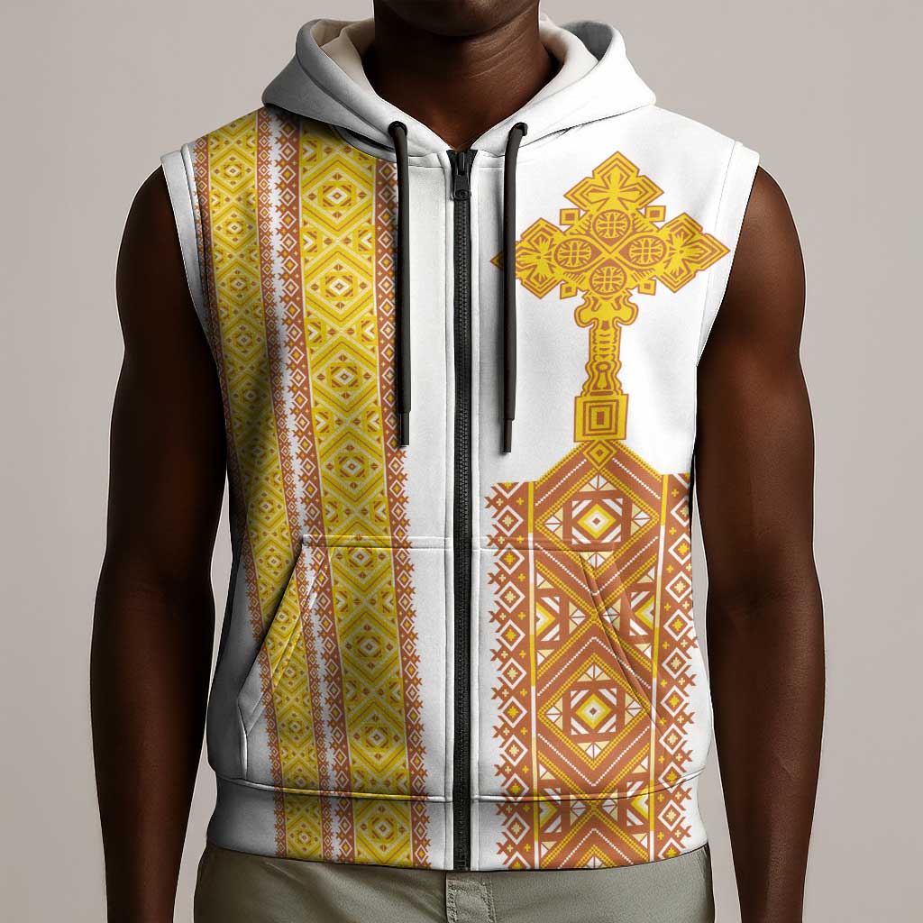 Habesha Motifs Ethiopia Sleeveless Zip Hoodie Tilet White Gold - African Pride