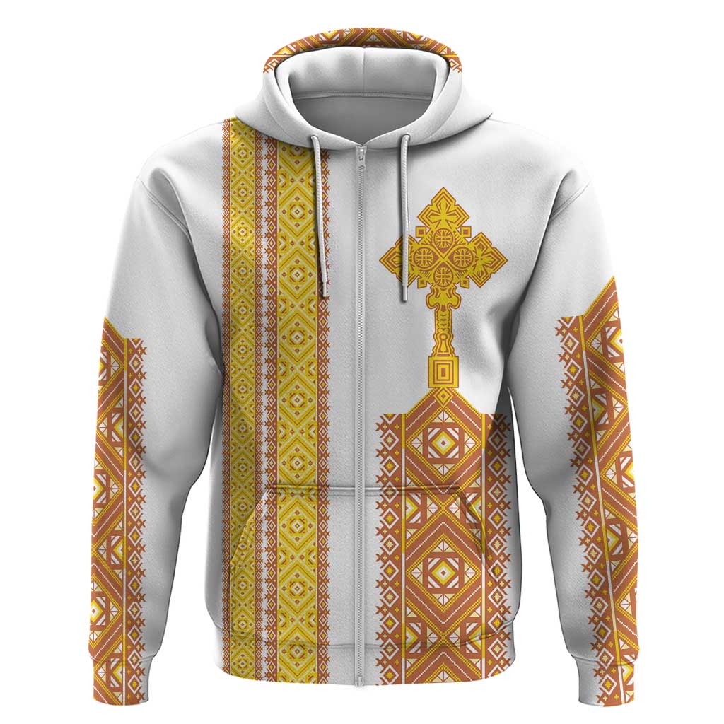 Habesha Motifs Ethiopia Zip Hoodie Tilet White Gold