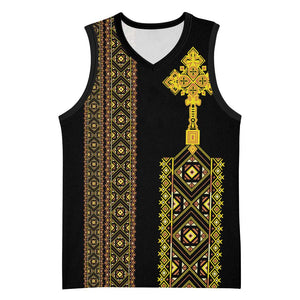 Habesha Motifs Ethiopia Basketball Jersey Tilet Black Gold LT7