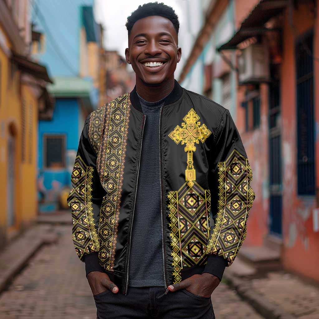 Habesha Motifs Ethiopia Bomber Jacket Tilet Black Gold