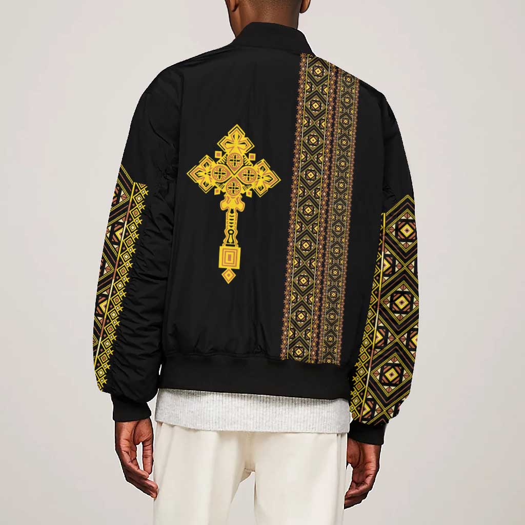 Habesha Motifs Ethiopia Bomber Jacket Tilet Black Gold