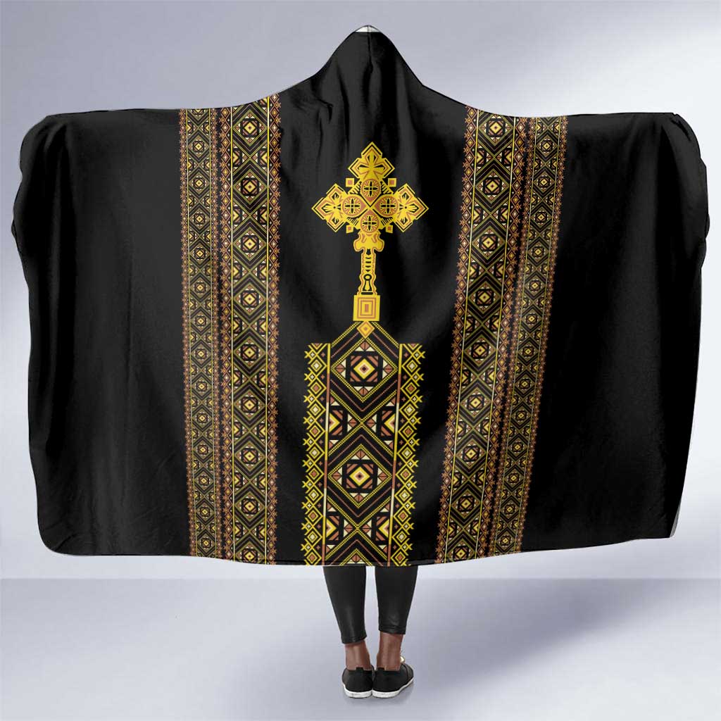 Habesha Motifs Ethiopia Hooded Blanket Tilet Black Gold