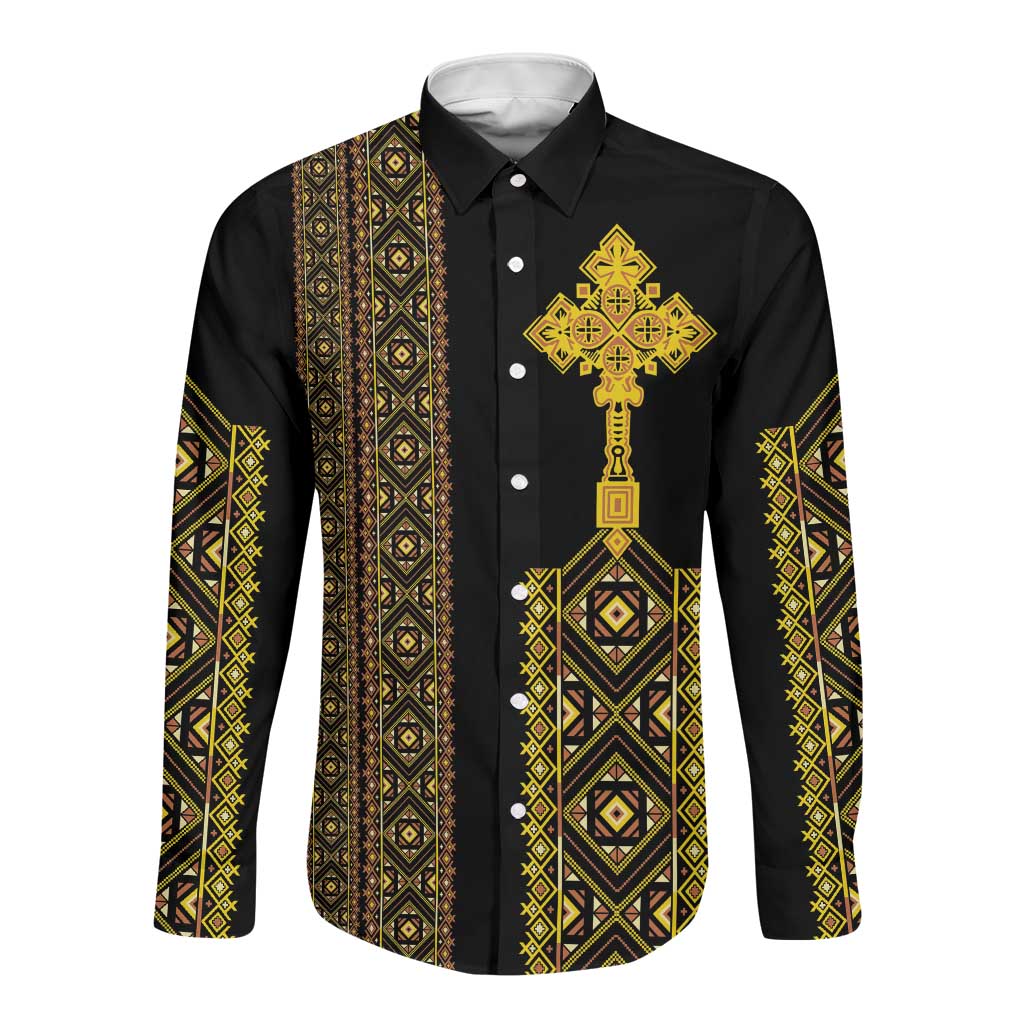 Habesha Motifs Ethiopia Long Sleeve Button Shirt Tilet Black Gold