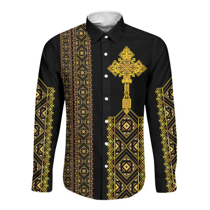 Habesha Motifs Ethiopia Long Sleeve Button Shirt Tilet Black Gold