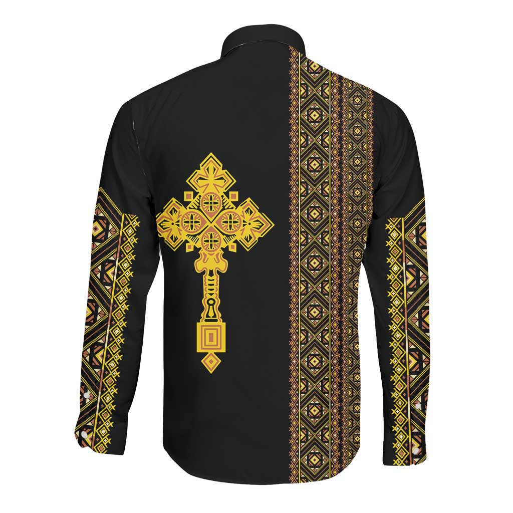 Habesha Motifs Ethiopia Long Sleeve Button Shirt Tilet Black Gold