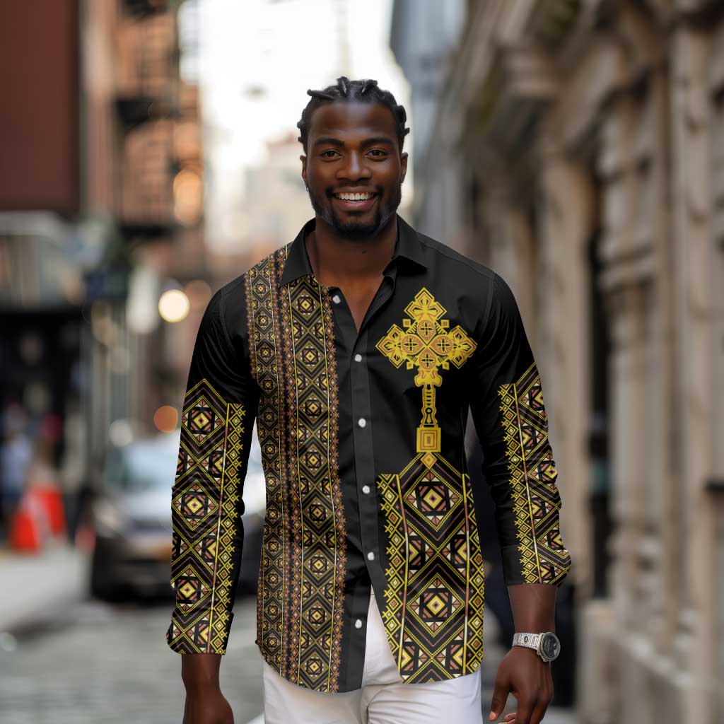 Habesha Motifs Ethiopia Long Sleeve Button Shirt Tilet Black Gold