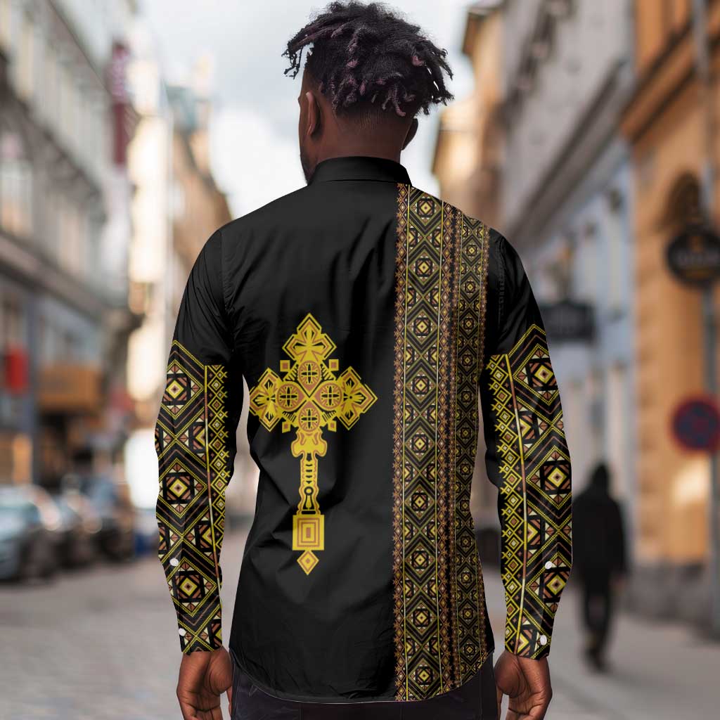 Habesha Motifs Ethiopia Long Sleeve Button Shirt Tilet Black Gold