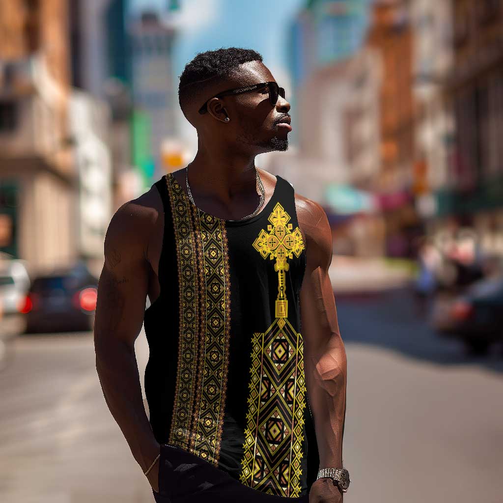 Habesha Motifs Ethiopia Men Tank Top Tilet Black Gold