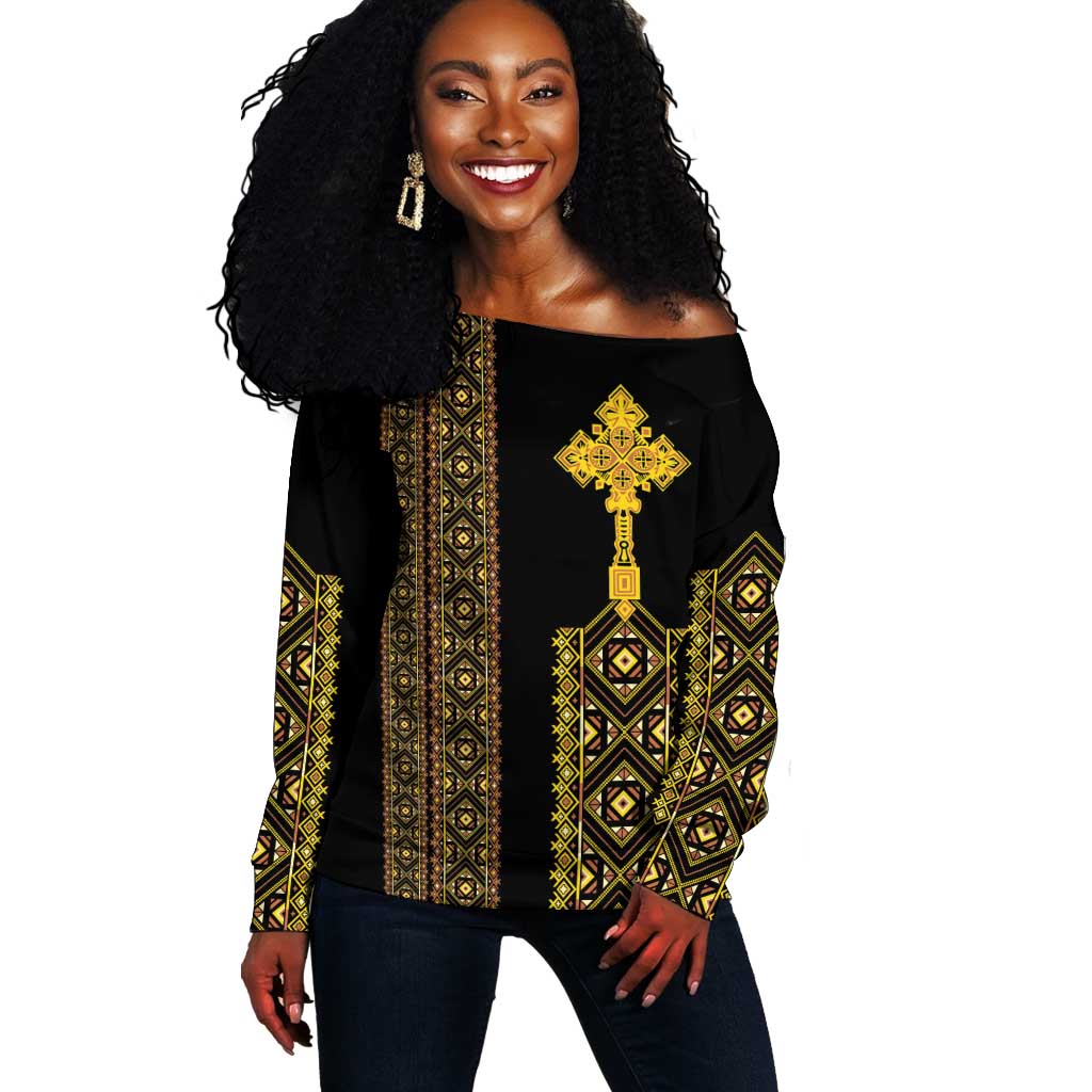 Habesha Motifs Ethiopia Off Shoulder Sweater Tilet Black Gold