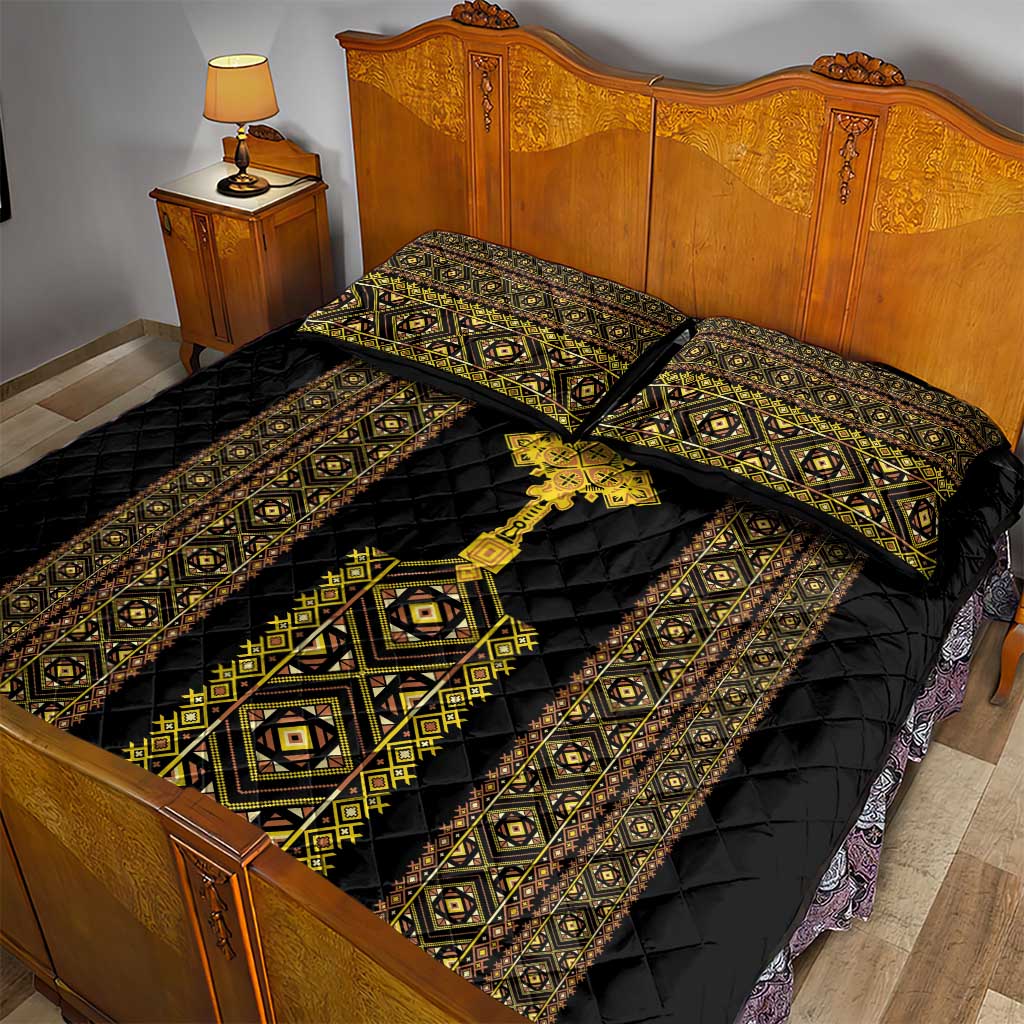 Habesha Motifs Ethiopia Quilt Bed Set Tilet Black Gold