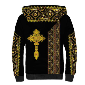 Habesha Motifs Ethiopia Sherpa Hoodie Tilet Black Gold