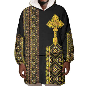 Habesha Motifs Ethiopia Wearable Blanket Hoodie Tilet Black Gold