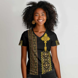 Habesha Motifs Ethiopia Women V-Neck T-Shirt Tilet Black Gold