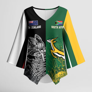 South Africa - New Zealand Greatest Rivals Rugby Custom Kimono Sleeve Blouse Bokke Vs Kiwi