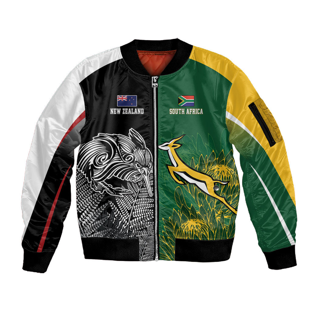 South Africa - New Zealand Greatest Rivals Rugby Custom Sleeve Zip Bomber Jacket Bokke Vs Kiwi