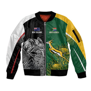 South Africa - New Zealand Greatest Rivals Rugby Custom Sleeve Zip Bomber Jacket Bokke Vs Kiwi